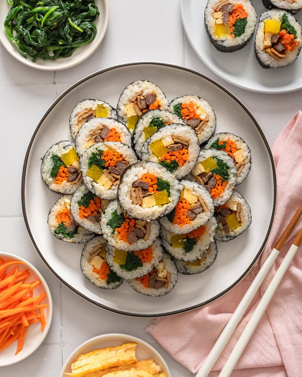 kimbap korean seaweed rice rolls overhead